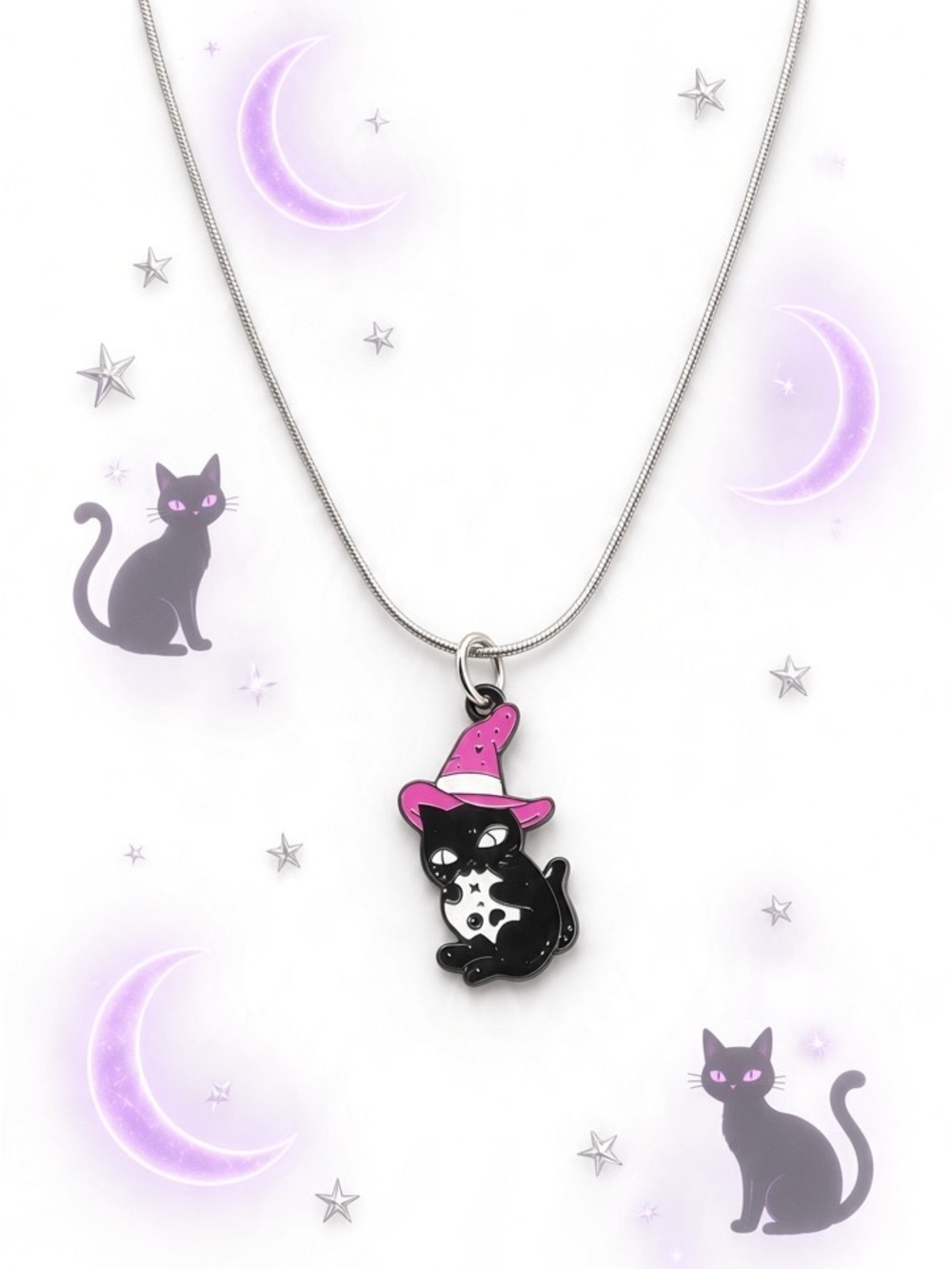 Stainless Steel Witchy Black Cat & Ghost Pendant Necklace – Halloween